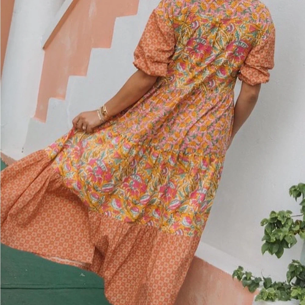 NWT LoveStitch Dress pockets 100% cotton midi floral tiered oranges golds pinks - Picture 3 of 15